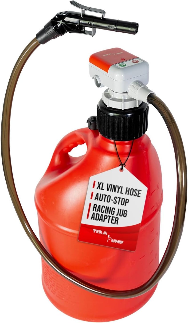 TERA PUMP 2nd Gen. Auto-Stop Gas Cap Fuel Transfer Pump XL Intake Hose (Gasoline, Diesel, Kerosene) Universal Spout Replacement for Gas Cans and Containers - Image 1